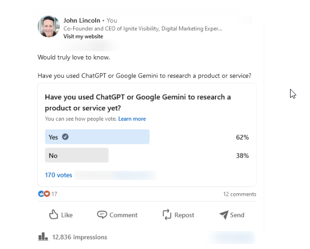 A LinkedIn poll showing the increasing usage of generative AI