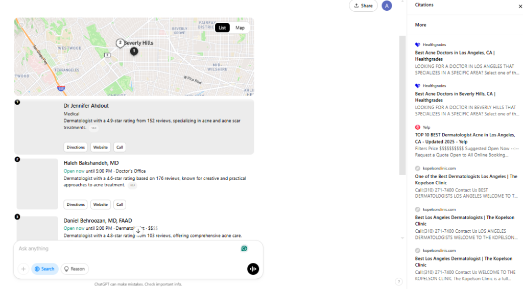 ChatGPT local search results with map