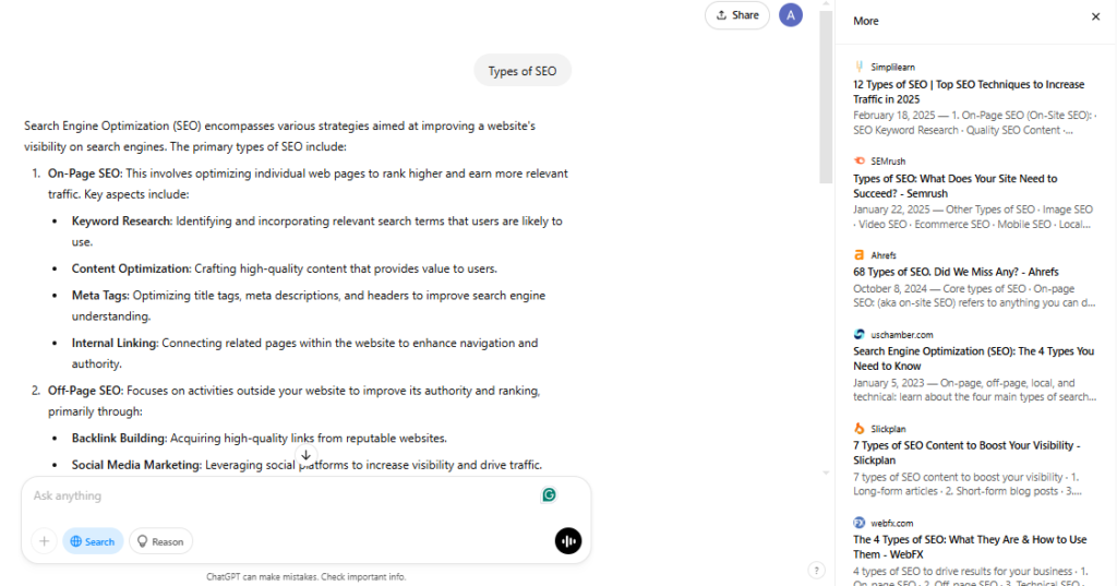 ChatGPT search results with citations
